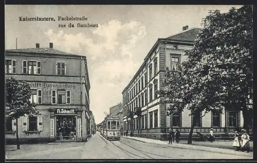 AK Kaiserslautern, Fackelstrasse, Strassenbahn, Geschäft F. Schmitt