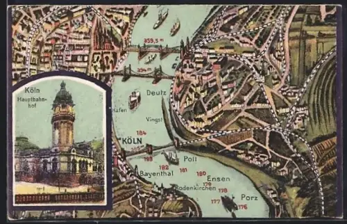 AK Köln, Hauptbahnhof, Rhein, Stadtplan
