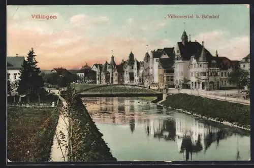 AK Villingen / Baden, Villenviertel beim Bahnhof, Flussansicht, Brücke, historische Wohnhäuser