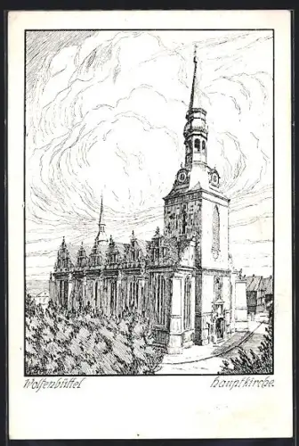 Künstler-AK Wolfenbüttel, Hauptkirche aus der Vogelschau