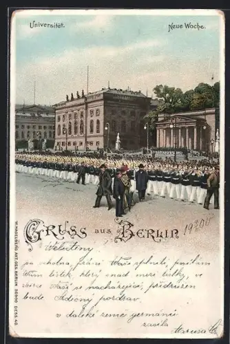 Lithographie Berlin, Neue Wache und Universität, beleuchtete Fenster