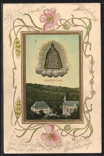 Präge-AK Marienthal / Rheingau, Kloster mit Gandenbild, Ähren, Blumen
