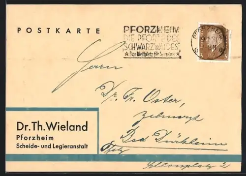 AK Pforzheim, Scheide- u. Legieranstalt Dr. Th. Wieland, Besuchsankündigung