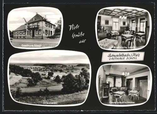 AK Schwedelbach /Pfalz, Gasthaus Scholl mit Gesellschaftszimmer, Ortsansicht aus der Ferne