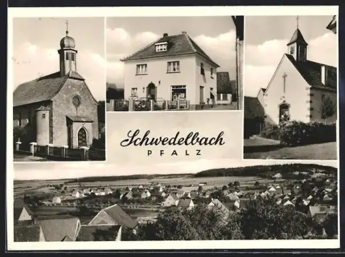 AK Schwedelbach /Pf., Kirchen, Geschäftshaus, Ortsansicht