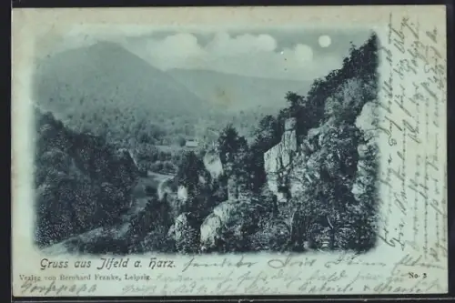 Mondschein-AK Ilfeld a. Harz, Talblick mit Felsformation aus der Vogelschau