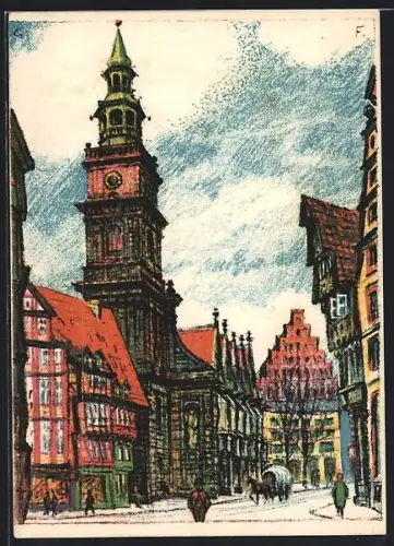 Steindruck-AK Hannover, An der Ägidienkirche, Altstadt, Fachwerkhäuser
