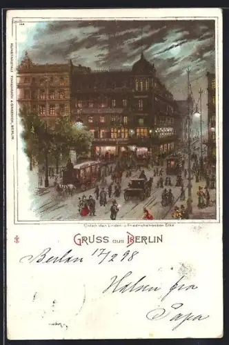 AK Berlin, Unter den Linden, Friedrichstrassen-Ecke, Strassenbahn, nächtliche Strassenszene