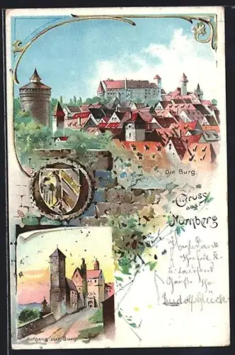 Lithographie Nürnberg, Die Burg, Aufgang zur Burg