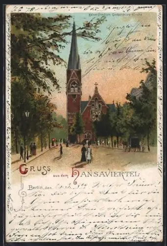 Lithographie Berlin /Hansaviertel-Tiergarten, Kaiser-Friedrich-Gedächtniskirche