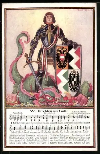AK Rotes Kreuz Nr. 135, Ritter mit Schwert und Schild über geschlagenem Drachen, Kriegslied Wir fürchten nur Gott