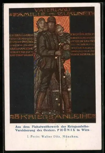 Künstler-AK sign. Walter Ditz: Vaterland, Familie, Zukunft, 8. Kriegsanleihe, Soldat mit Familie