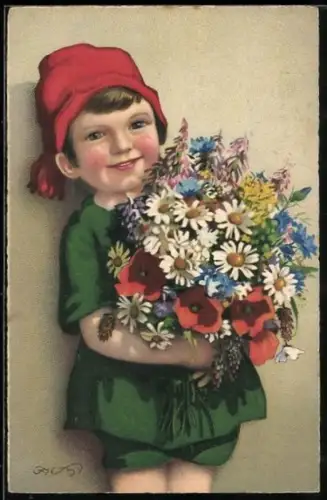 Künstler-AK F.Baumgarten: Knabe mit roter Mütze und grossem Blumen Strauss - Geburtstagsgruss