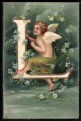 AK Buchstabe L mit Engel und Blumenreigen