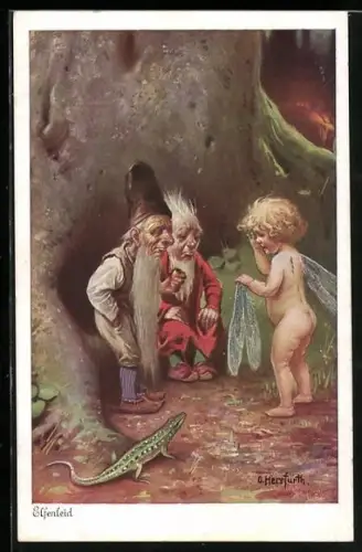 Künstler-AK Oskar Herrfurth: Elfenleid, Elfe verlor Flügel & ist bei Zwergen