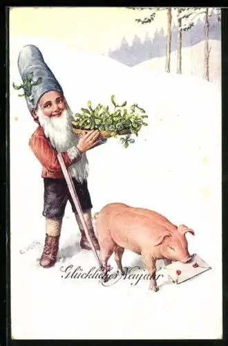 Künstler-AK C. Öhler: Zwerg in Begleitung eines Glücksschweins überbringt einen Korb voller Blüten