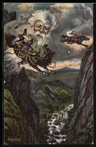 Künstler-AK sign. Fr. Rowland: Rübezahl im Harz, Rübezahl und die Rosstrappen-Sage
