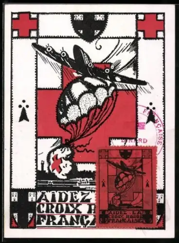 AK Aidez la Croix Rouge francaise, Flugzeug wirft Paket mit Fallschirm ab, Rotes Kreuz