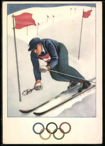 Künstler-AK Karte des Österreichischen Olympischen Comité, Skifahrer beim Slalom