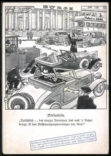 Künstler-AK Reklame für BV-Aral, Polizist regelt den Autoverkehr, Omnibus mit Aral-Werbung