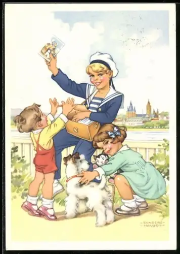 Künstler-AK Lungershausen: Reklame für das Medikament Blendax mit einem Matrosen der Bilder verteilt