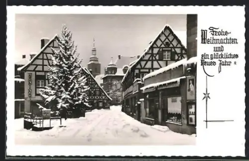 AK Zirndorf, Marktplatzpartie u. Geschäft im Winter, Weihnachts- u. Neujahrsgruss