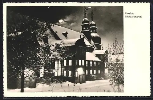 AK Clausthal, Marktkirche im Winter, Mond, Weihnachtsgruss