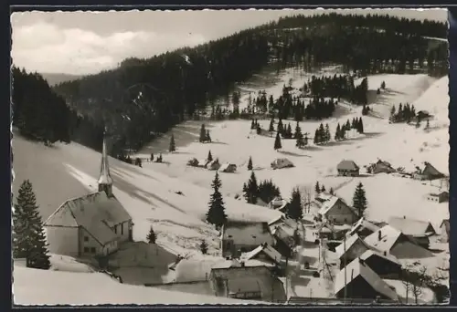 AK Muggenbrunn, Teilansicht mit Kirche im Schnee