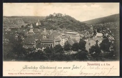 AK Neuenbürg a. d. Enz, Totalansicht mit Burg aus der Vogelschau, Neujahrsgruss