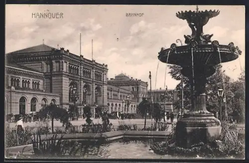 AK Hannover, Bahnhof mit Springbrunnen