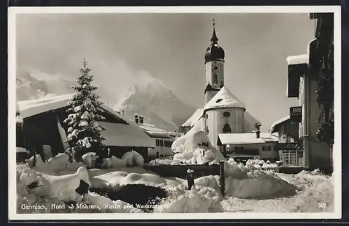 AK Garmisch, Hotel 3 Mohren, Kirche & Waxenstein im Winter
