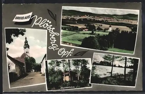 AK Plössberg /Opf., Strassenpartie vor Kirche, Hexenhäuschen, See