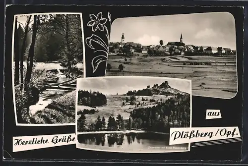 AK Plössberg /Opf., Geisweiher mit Ruine Flossenbürg, Ortsansicht