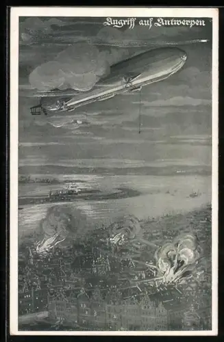 AK Antwerpen, Luftschiff-Angriff auf die Stadt
