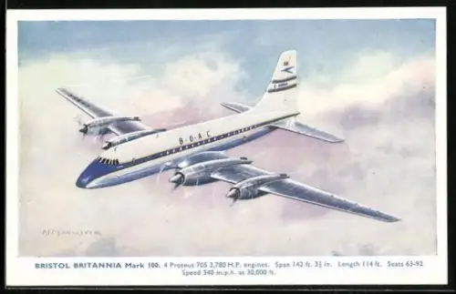 Foto-AK Passagierflugzeug Bristol Britannia Mark 100 der BOAC im Flug über den Wolken