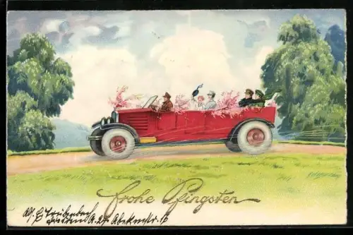 Künstler-AK Automobil mit Reisegesellschaft während einer Ausfahrt, Ostergrüsse