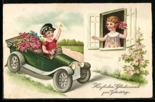 AK Frohes Pfingstfest, Junge bringt im Auto Post und Blumen