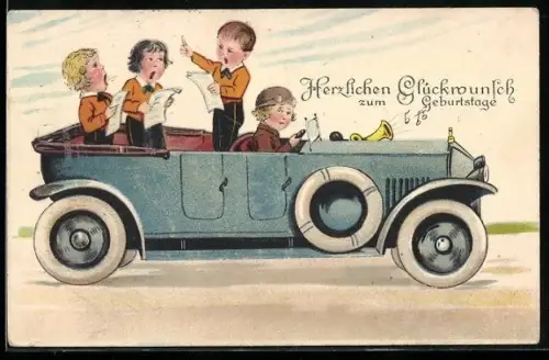 Künstler-AK Kinder singen im offenen Wagen während der Fahrt, Auto
