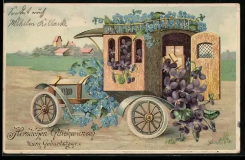 AK Automobil mit Blumen geschmückt, Glückwunsch zum Geburtstag