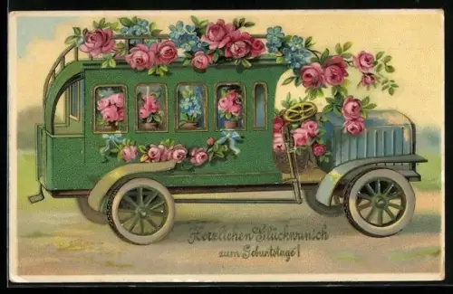 AK Rosen und Vergissmeinnicht in einem Auto, Herzlichen Glückwunsch zum Geburtstag
