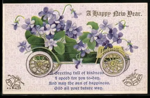 Präge-AK Automobil mit Veilchen geschmückt, Neujahrwünsche