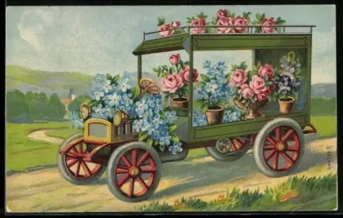 AK Blumentöpfe & Vasen in einem Auto zum Geburtstag