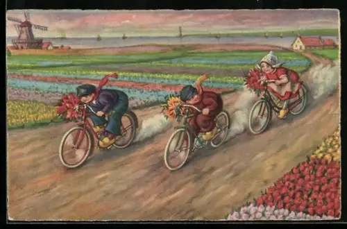 Künstler-AK Heimkehr von den Blumenfeldern, Fahrradrennen zwischen niederländischen Kindern