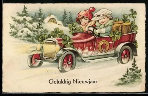 AK Auto mit zwei Mädchen in verschneiter Winterlandschaft