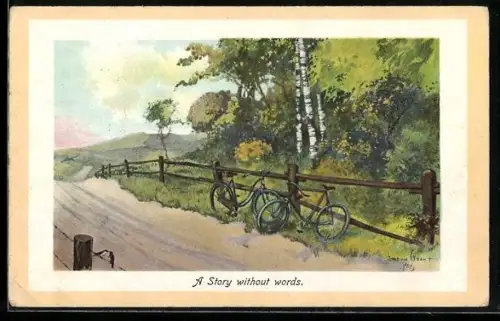 AK Zwei Fahrräder lehnen an einen Zaun neben einem Feldweg, Fahrrad