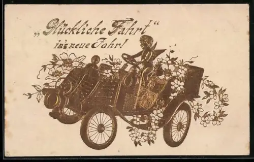 Präge-AK Automobil mit Blumen geschmückt und Engel am Steuer, Neujahrswünsche