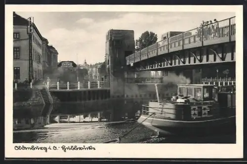 AK Oldenburg i. O., Schleuse mit Brücke und Dampfschiff