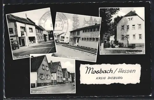 AK Mosbach /Hessen, Strassenpartien, Schulpartie, Kriegerdenkmal