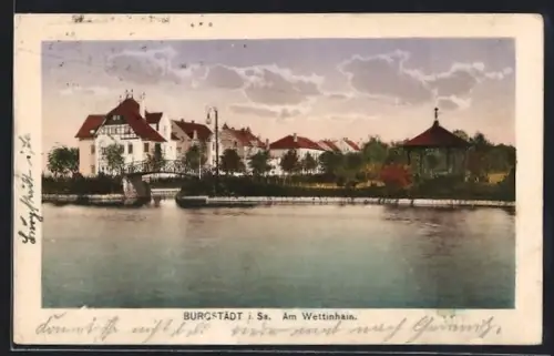 AK Burgstädt i. Sa., Am Wettinhain, Pavillon, Brücke, Hotel