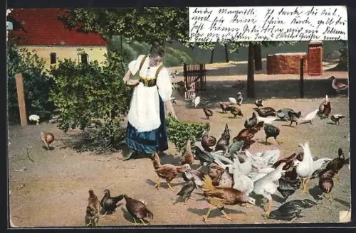 AK Bäuerin beim Hühnerfüttern